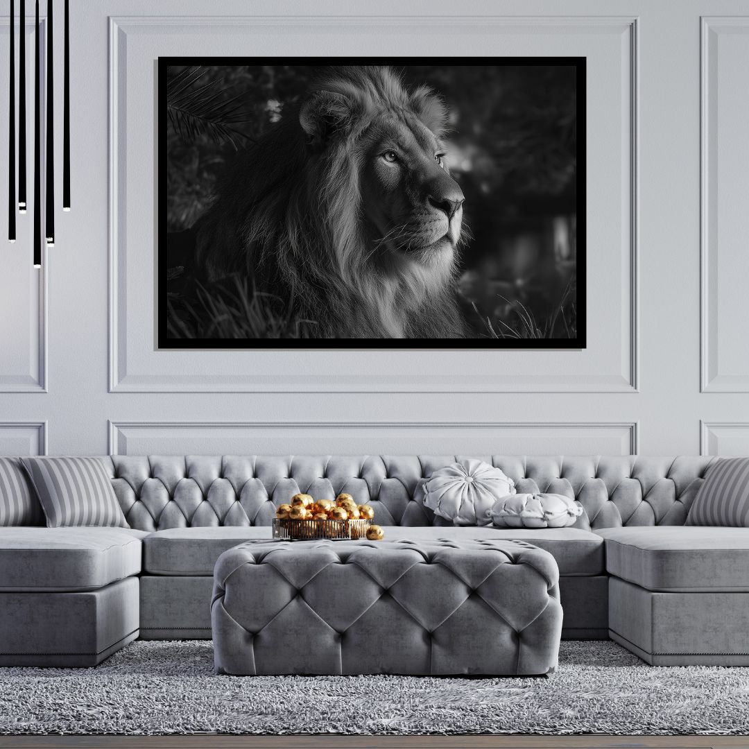 Focal King – black and white lion portrait in dramatic jungle setting, available on ArtixHub