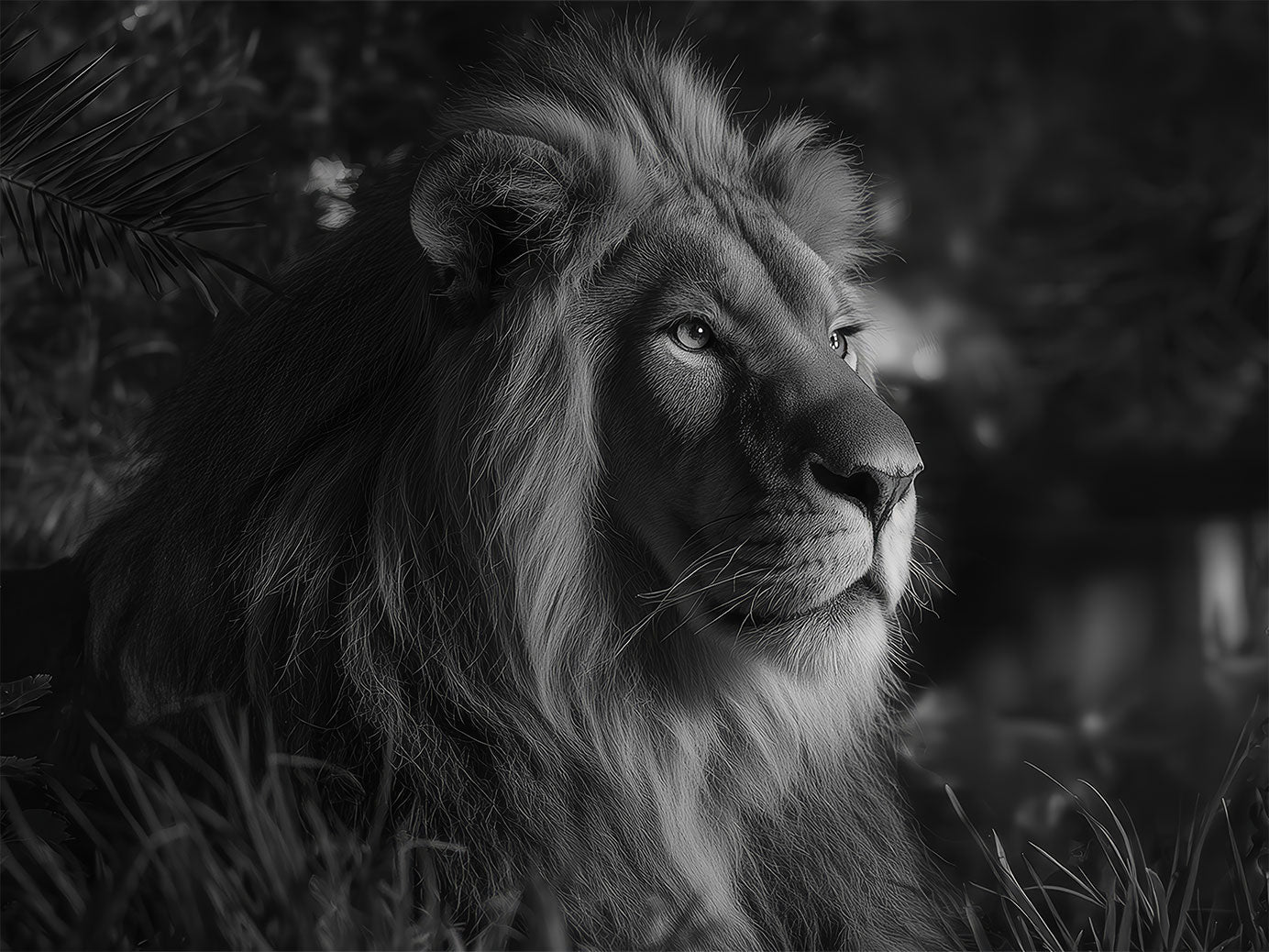 Focal King – black and white lion portrait in dramatic jungle setting, available on ArtixHub