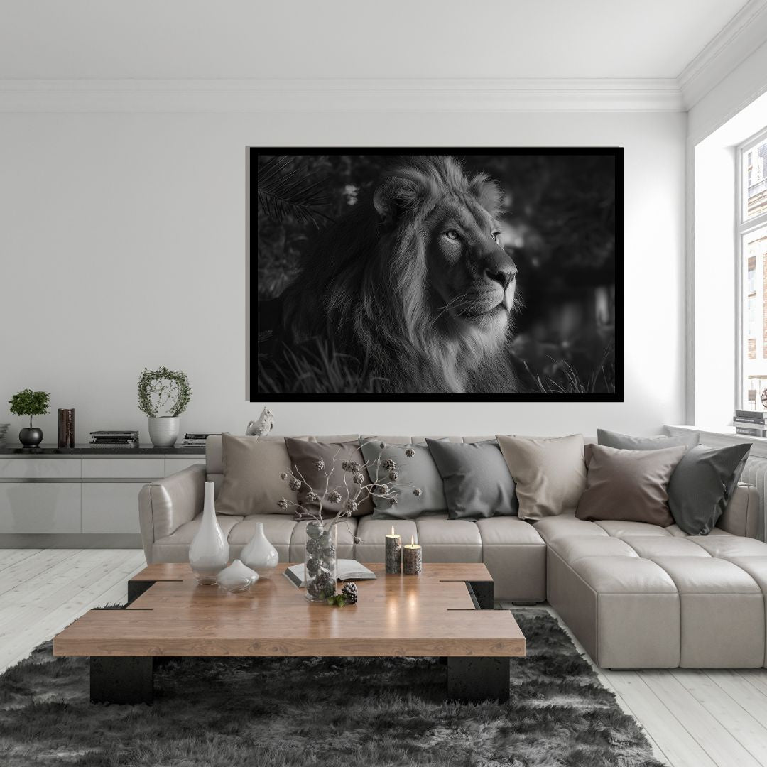 Focal King – black and white lion portrait in dramatic jungle setting, available on ArtixHub