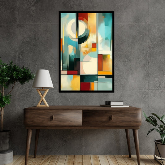 Fractured Zenith – abstract painting featuring intersecting blocks and curves in red, teal, black, and ochre on ArtixHub