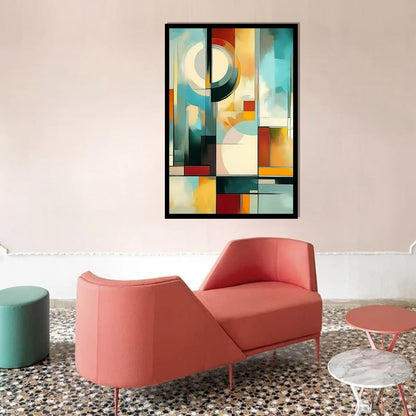 Fractured Zenith – abstract painting featuring intersecting blocks and curves in red, teal, black, and ochre on ArtixHub
