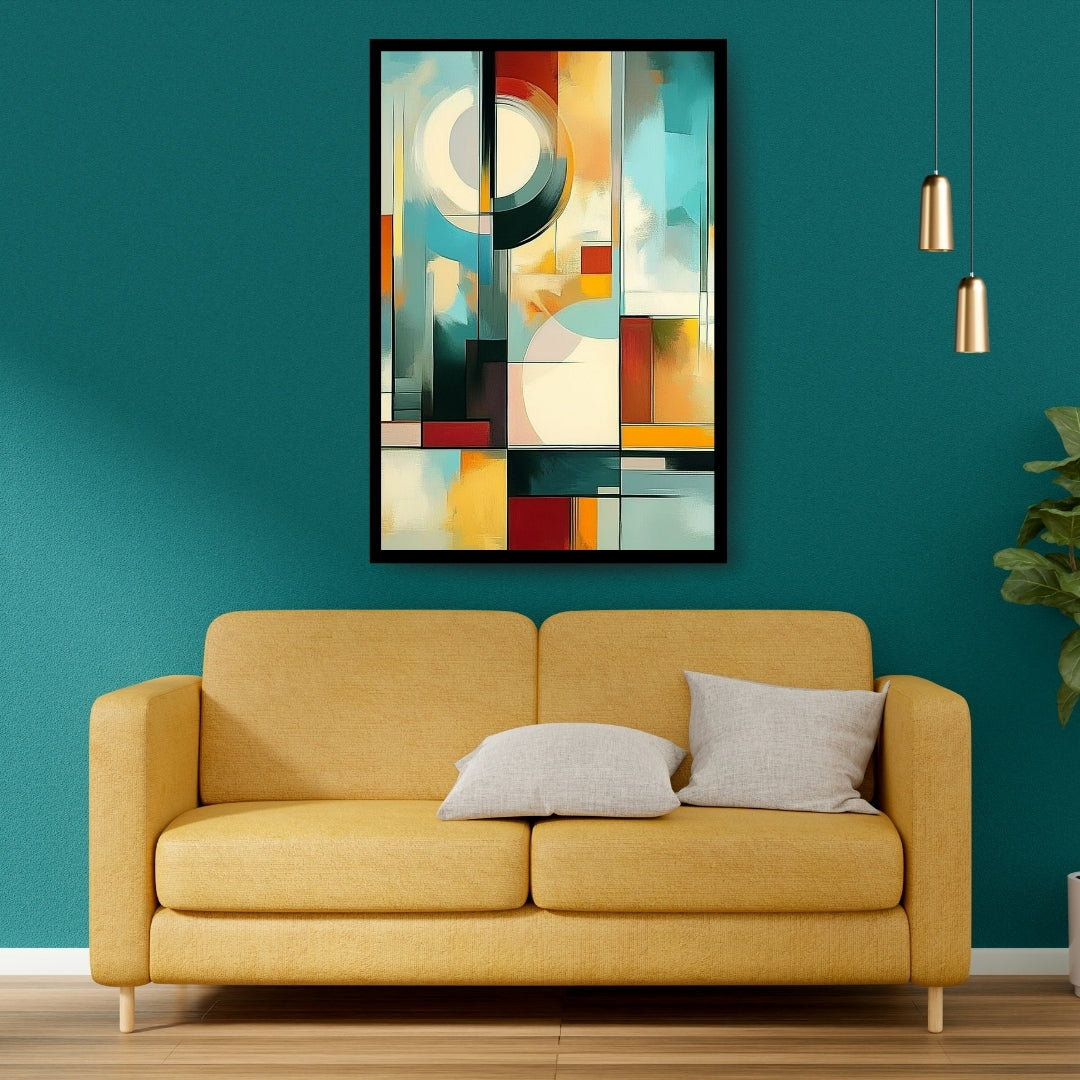 Fractured Zenith – abstract painting featuring intersecting blocks and curves in red, teal, black, and ochre on ArtixHub