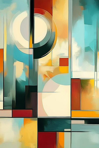 Fractured Zenith – abstract painting featuring intersecting blocks and curves in red, teal, black, and ochre on ArtixHub