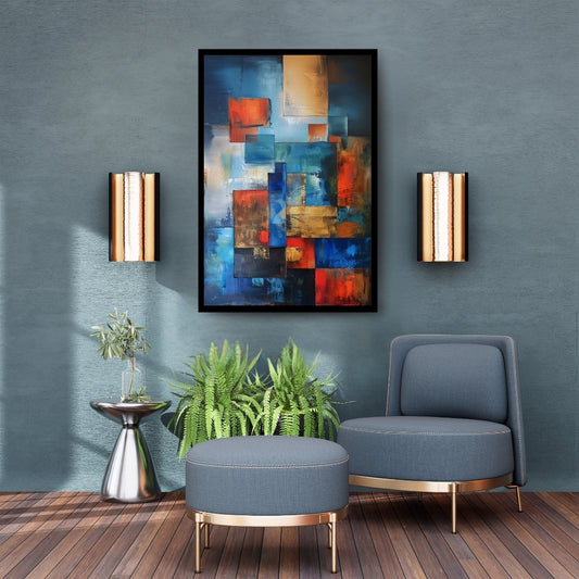 Fragmented Spectrum by Lior Ezan – colorful geometric abstract painting in deep blues, golds, and reds on ArtixHub