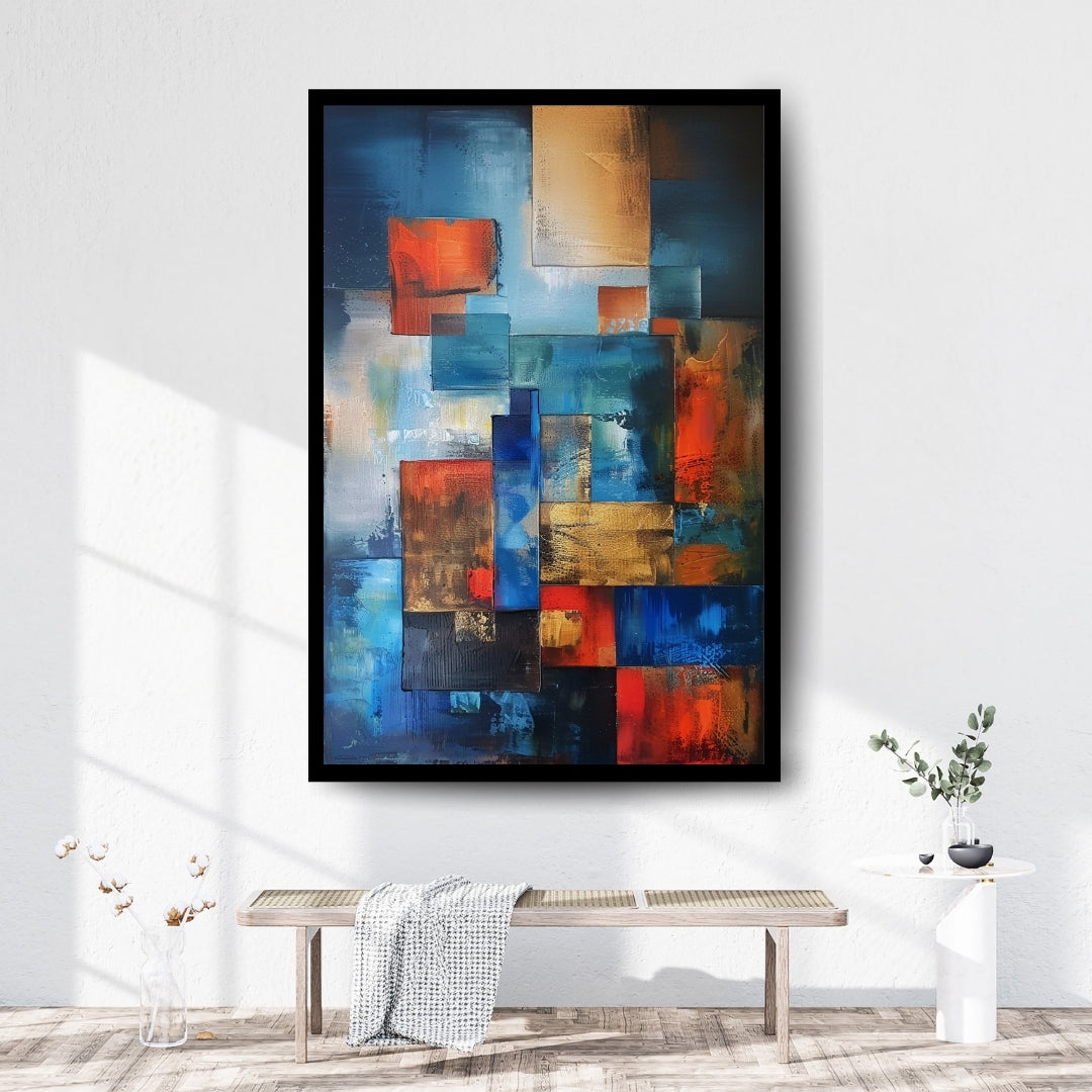 Fragmented Spectrum by Lior Ezan – colorful geometric abstract painting in deep blues, golds, and reds on ArtixHub