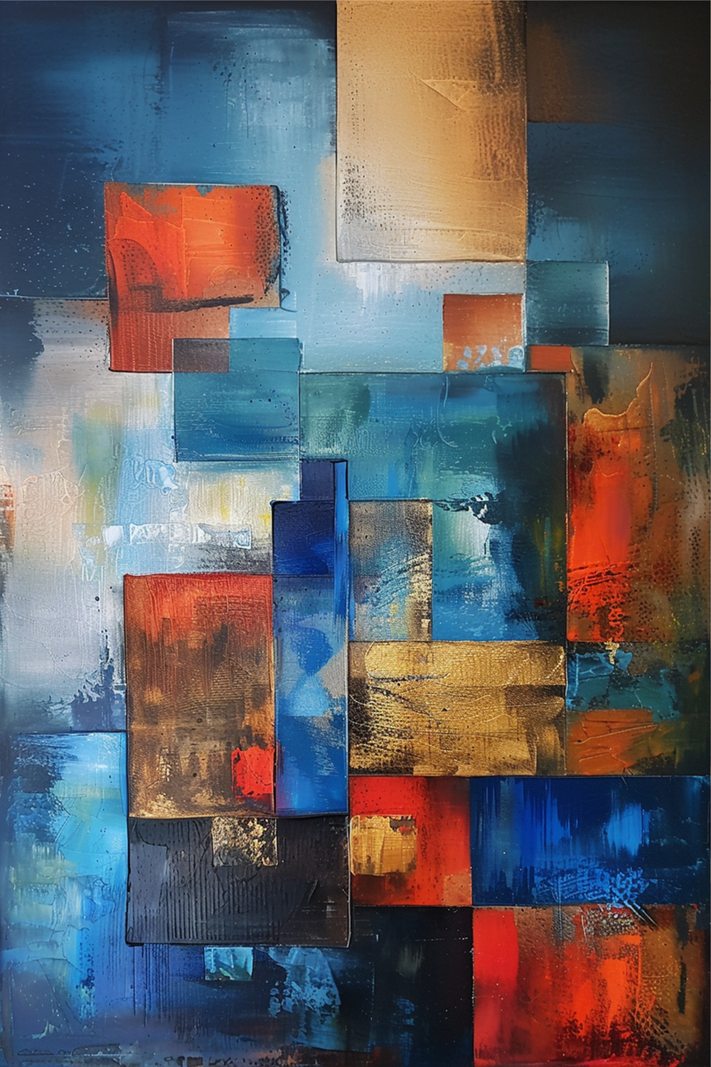 Fragmented Spectrum by Lior Ezan – colorful geometric abstract painting in deep blues, golds, and reds on ArtixHub