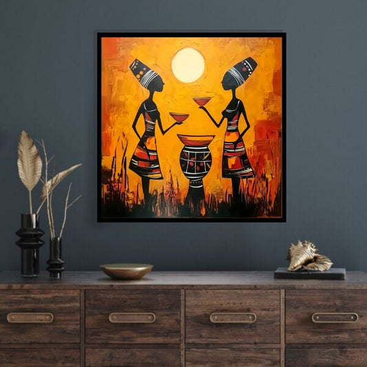 Artistic depiction of two figures with traditional attire against an orange background. Golden Ritual – African abstract painting of two women sharing a ceremonial drink under the sun by Amina Diallo