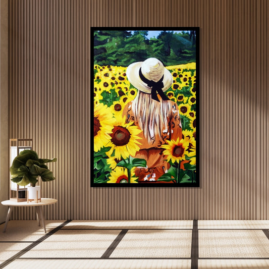 Woman in a straw hat standing among sunflowers with a scenic background. Grateful – figurative sunflower field painting of a woman in a hat by Mira Ayyash