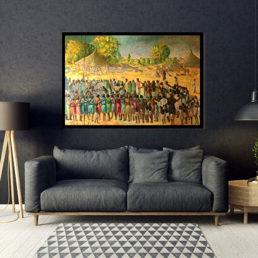 Painting of a large group of people gathered outdoors with tents and trees in the background. Heritage Dance – figurative painting of Sudanese villagers dancing in a circle with colorful garments and village huts by Professor Ibrahim Al Awam, ArtixHub