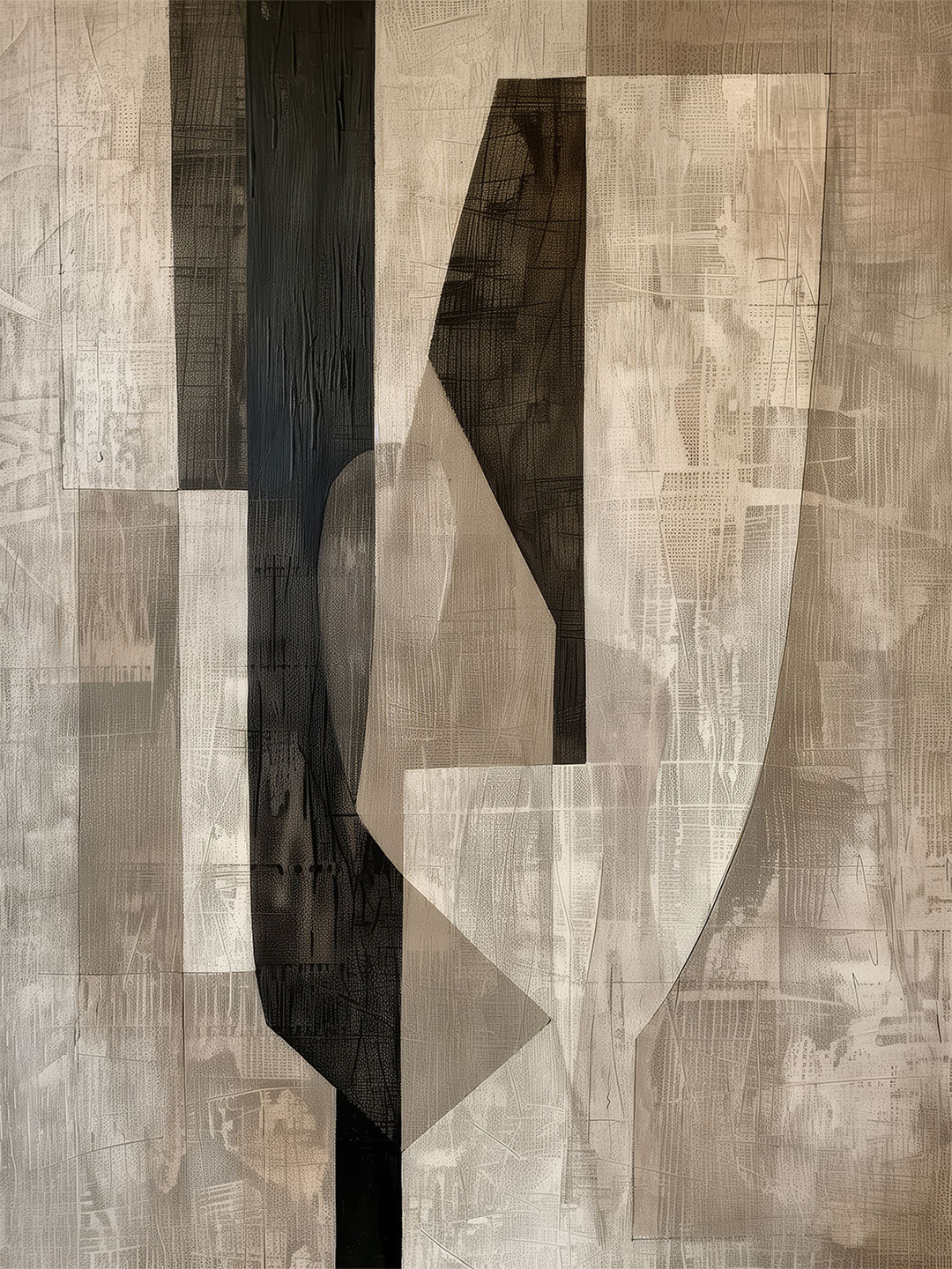 Hidden Axis – geometric abstract painting featuring neutral beige, grey, and black vertical columns with heavy textural layering, available on ArtixHub