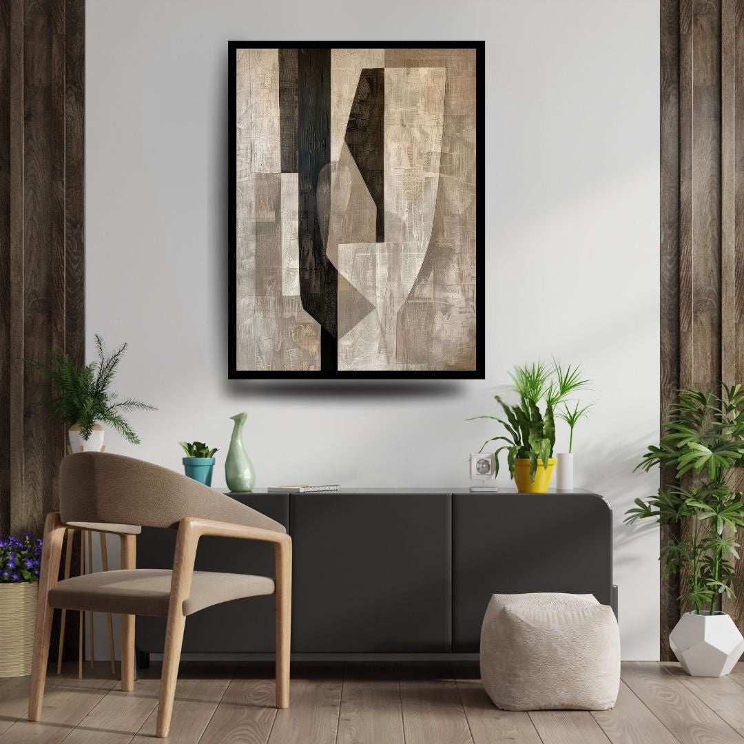 Hidden Axis – geometric abstract painting featuring neutral beige, grey, and black vertical columns with heavy textural layering, available on ArtixHub