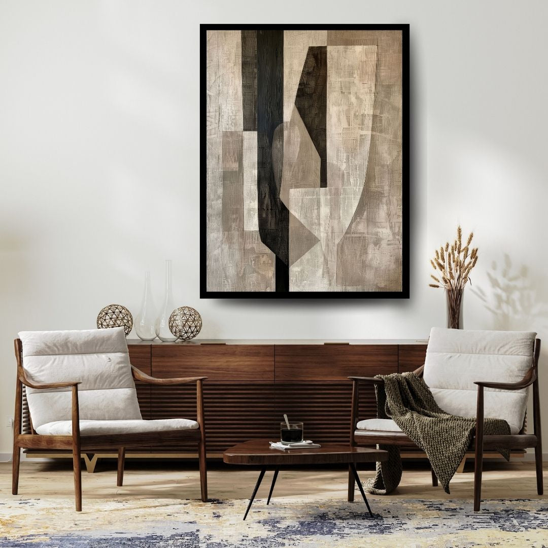 Hidden Axis – geometric abstract painting featuring neutral beige, grey, and black vertical columns with heavy textural layering, available on ArtixHub