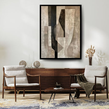 Hidden Axis – geometric abstract painting featuring neutral beige, grey, and black vertical columns with heavy textural layering, available on ArtixHub