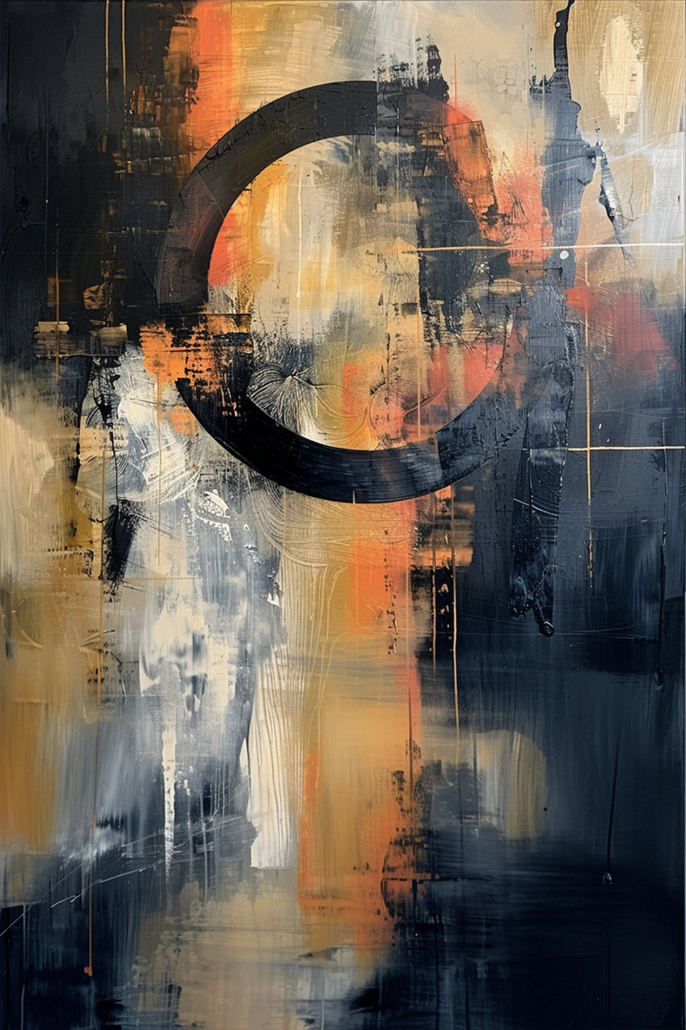 Industrial Solstice by ArtixHub – abstract expressionist artwork with a bold black arc and industrial cityscape palette in ochre and charcoal tones