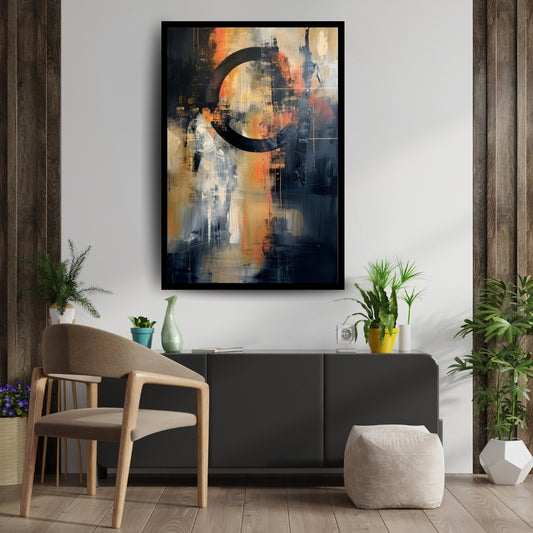 Industrial Solstice by ArtixHub – abstract expressionist artwork with a bold black arc and industrial cityscape palette in ochre and charcoal tones