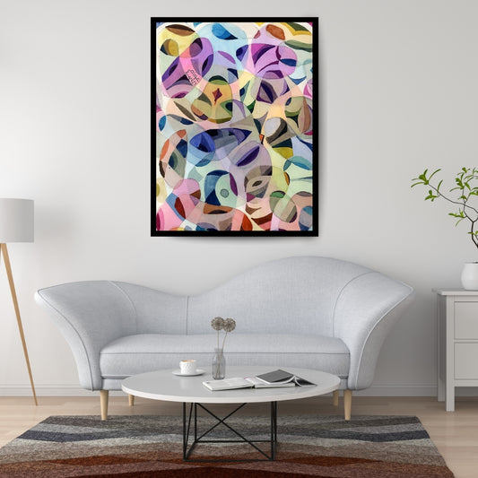 Abstract art piece with colorful geometric shapes on a white background. Inner Transparency (شفافية الداخل) – abstract expressionist painting by Professor Ibrahim Al Awam, ArtixHub