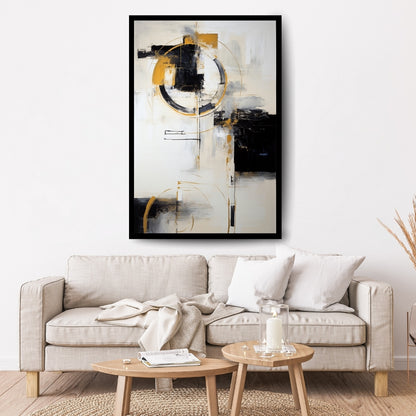 Intersecting Ideals by ArtixHub – abstract expressionist painting with black and gold circular forms and structured brushwork on white background