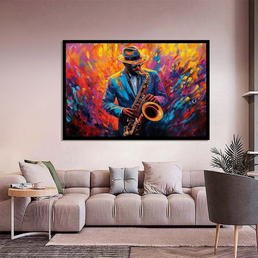 Colorful abstract painting of a person playing a saxophone. Jazzfire – Vibrant expressionist saxophone portrait of a jazz musician in blue suit and hat by Amina Diallo