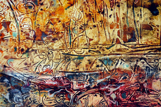 Journey of the Ancestors (رحلة الأسلاف) – abstract expressionist artwork with earthy browns, red, and gold textures, by Ibrahim Al Awam