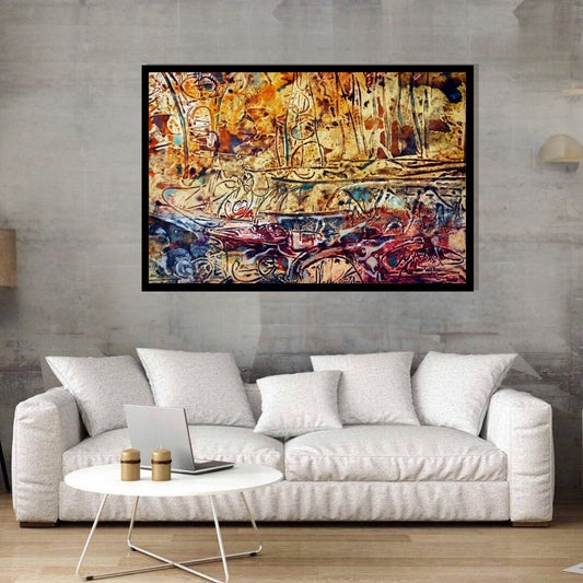 Journey of the Ancestors (رحلة الأسلاف) – abstract expressionist artwork with earthy browns, red, and gold textures, by Ibrahim Al Awam