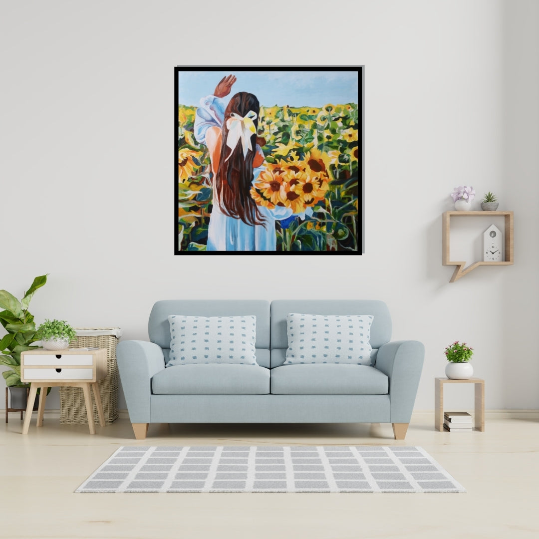 Painting of a woman in a blue dress with a white bow standing in a sunflower field. Painting of a girl with long brown hair tied with a white ribbon, holding a bouquet of sunflowers while standing in a sunflower field by Mira Ayyash