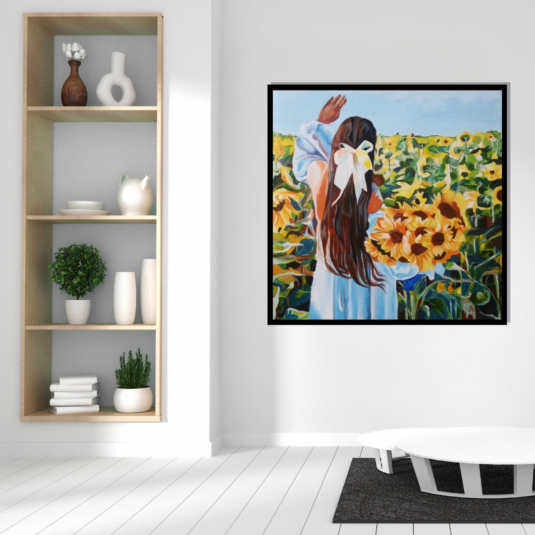 Painting of a woman in a blue dress with a white bow standing in a sunflower field. Painting of a girl with long brown hair tied with a white ribbon, holding a bouquet of sunflowers while standing in a sunflower field by Mira Ayyash