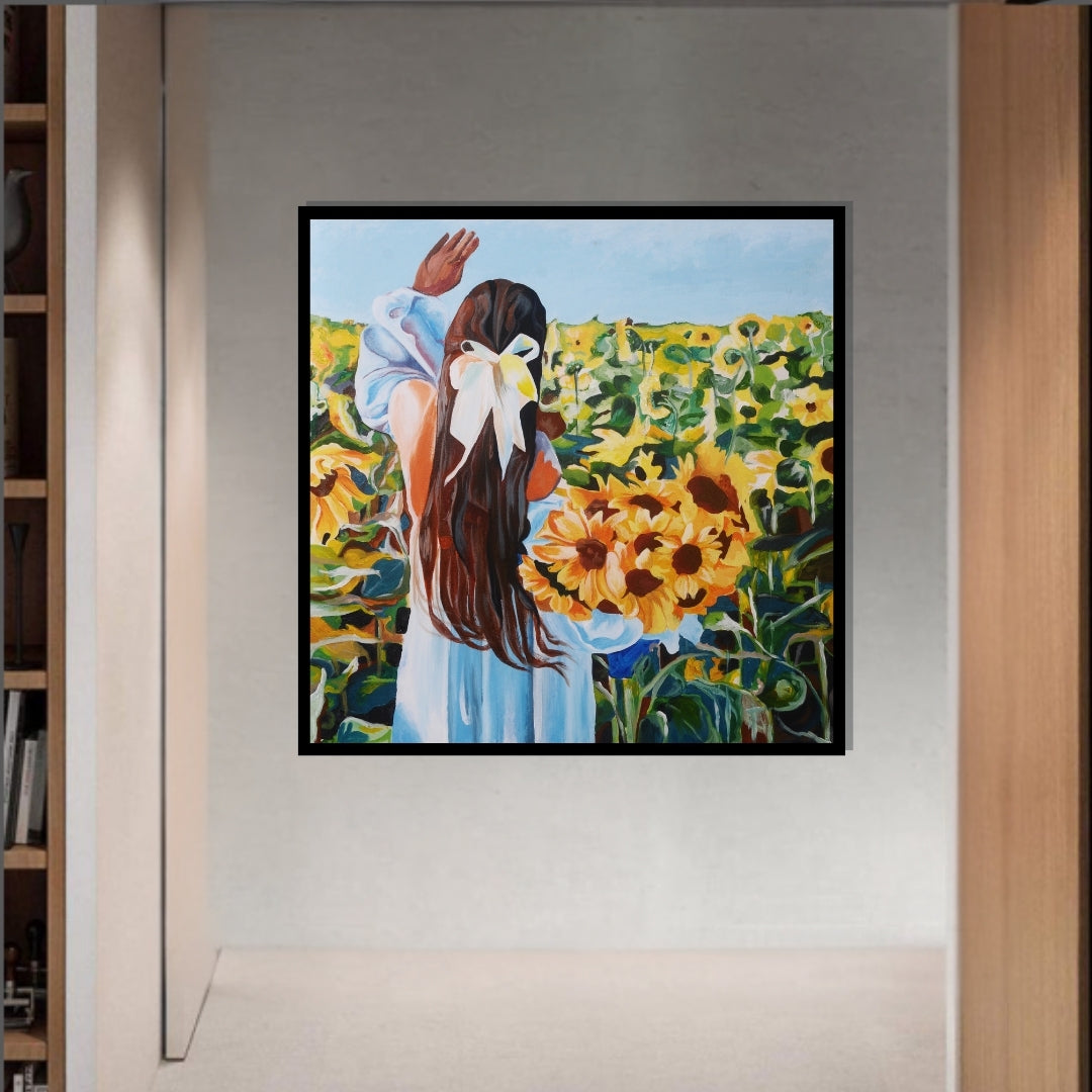 Painting of a woman in a blue dress with a white bow standing in a sunflower field. Painting of a girl with long brown hair tied with a white ribbon, holding a bouquet of sunflowers while standing in a sunflower field by Mira Ayyash
