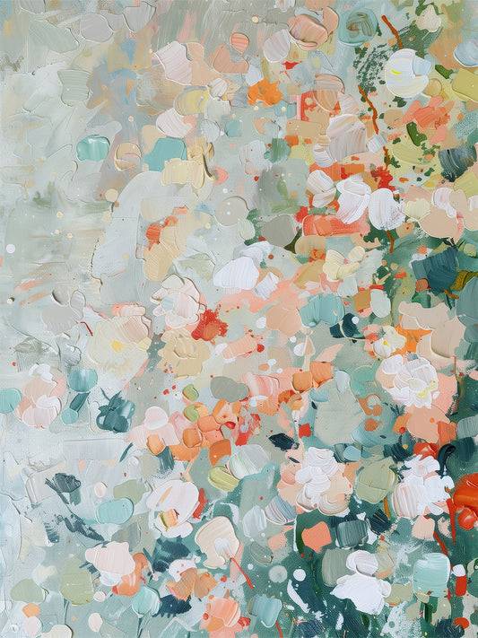 Loose Rhythm – abstract impressionist painting with thick palette knife strokes of pink, green, and orange suggesting a blooming garden, available on ArtixHub