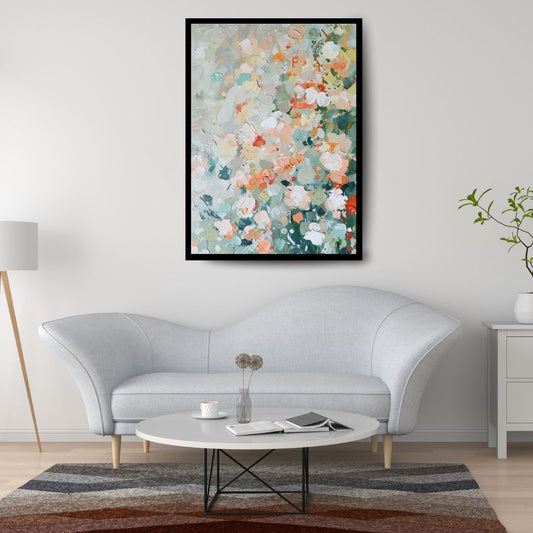 Loose Rhythm – abstract impressionist painting with thick palette knife strokes of pink, green, and orange suggesting a blooming garden, available on ArtixHub
