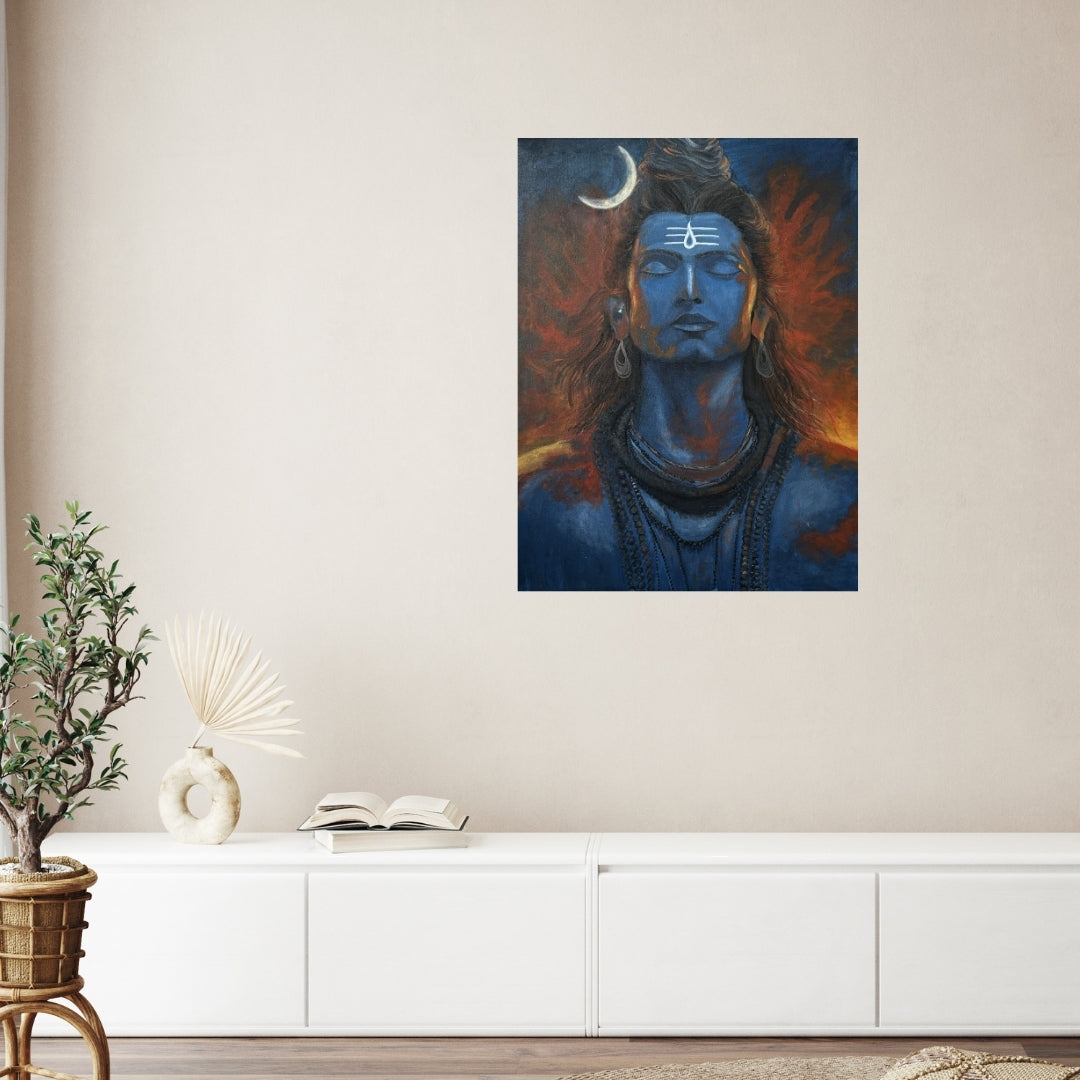 Original hand-painted artwork by Hitika Puri - Blue-skinned deity with a crescent moon and flames in the background - Shiva