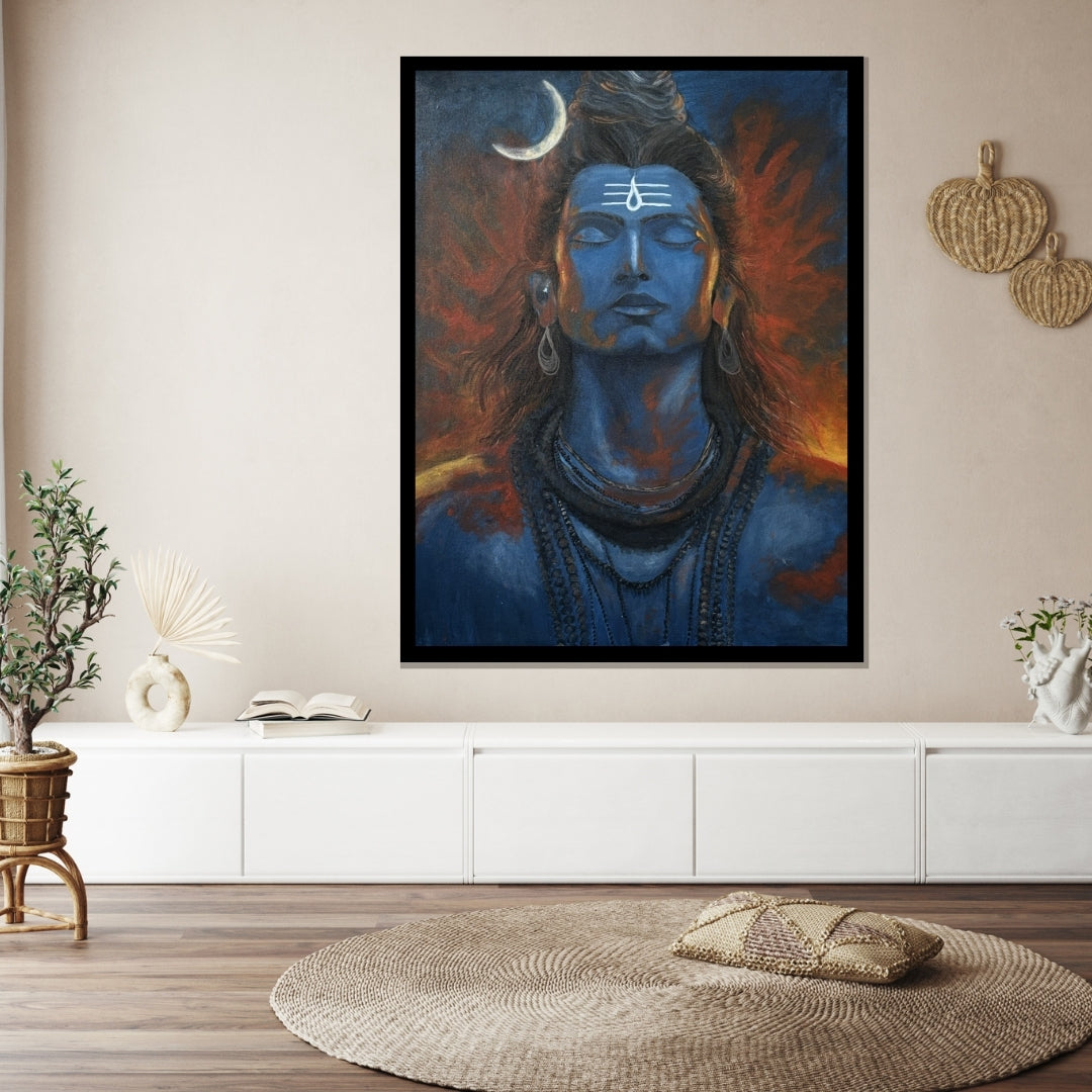 Blue-skinned deity with a crescent moon above the head, set against a fiery background. Magic of Mahadev – figurative spiritual painting of Lord Shiva in blue and orange hues by Hitika Puri