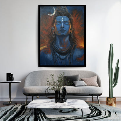 Blue-skinned deity with a crescent moon above the head, set against a fiery background. Magic of Mahadev – figurative spiritual painting of Lord Shiva in blue and orange hues by Hitika Puri