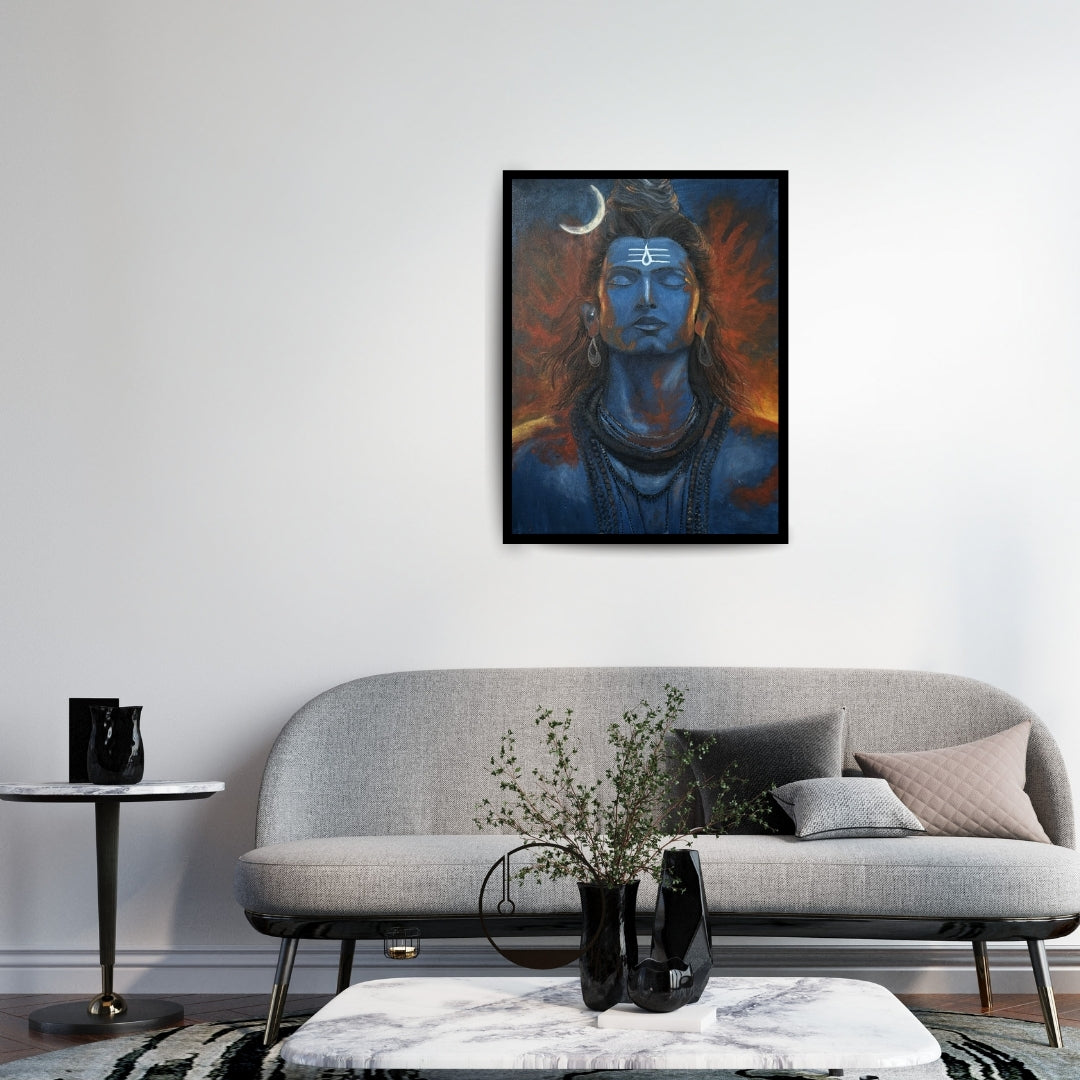 Original hand-painted artwork by Hitika Puri - Blue-skinned deity with a crescent moon and flames in the background - Shiva