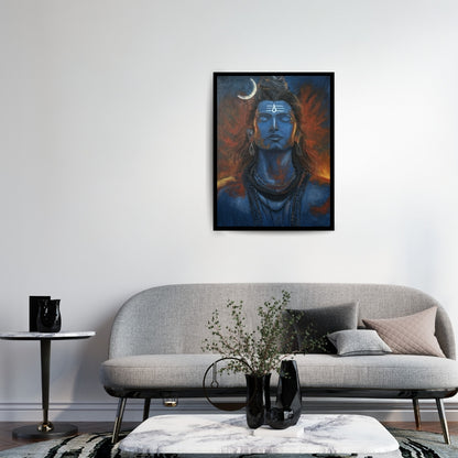 Original hand-painted artwork by Hitika Puri - Blue-skinned deity with a crescent moon and flames in the background - Shiva
