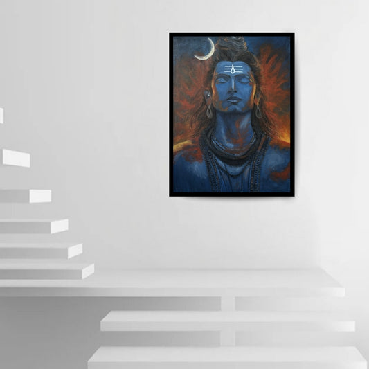 Original hand-painted artwork by Hitika Puri - Blue-skinned deity with a crescent moon and flames in the background - Shiva