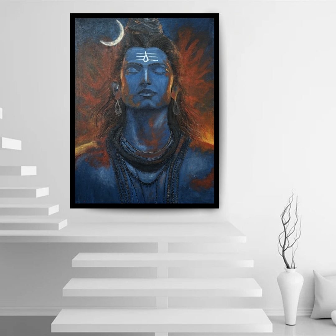 Blue-skinned deity with a crescent moon above the head, set against a fiery background. Magic of Mahadev – figurative spiritual painting of Lord Shiva in blue and orange hues by Hitika Puri