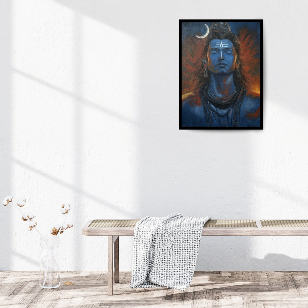 Original hand-painted artwork by Hitika Puri - Blue-skinned deity with a crescent moon and flames in the background - Shiva