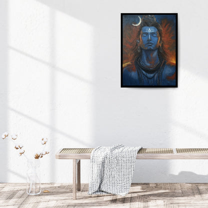 Original hand-painted artwork by Hitika Puri - Blue-skinned deity with a crescent moon and flames in the background - Shiva