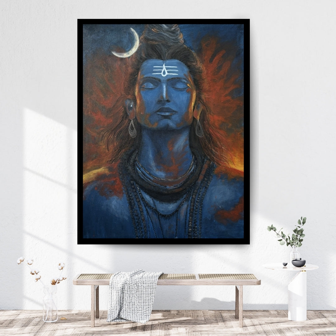Blue-skinned deity with a crescent moon above the head, set against a fiery background. Magic of Mahadev – figurative spiritual painting of Lord Shiva in blue and orange hues by Hitika Puri