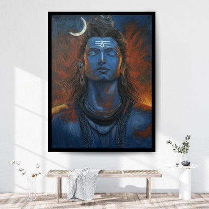 Blue-skinned deity with a crescent moon above the head, set against a fiery background. Magic of Mahadev – figurative spiritual painting of Lord Shiva in blue and orange hues by Hitika Puri