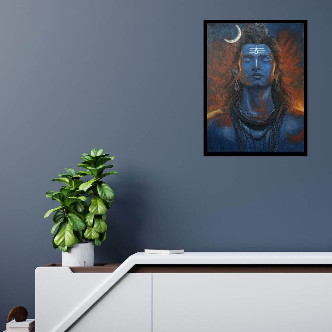 Original hand-painted artwork by Hitika Puri - Blue-skinned deity with a crescent moon and flames in the background - Shiva