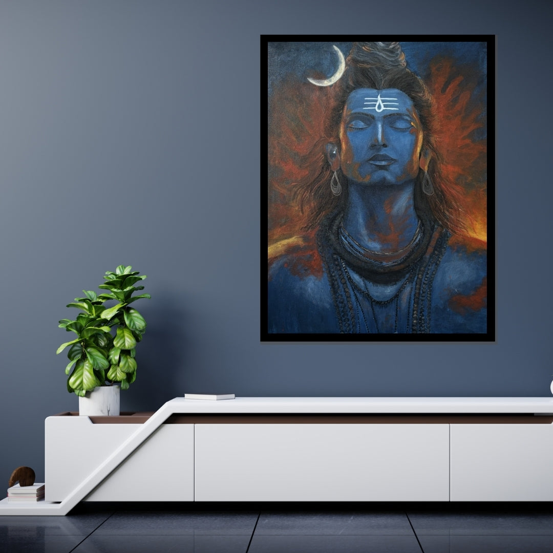 Blue-skinned deity with a crescent moon above the head, set against a fiery background. Magic of Mahadev – figurative spiritual painting of Lord Shiva in blue and orange hues by Hitika Puri
