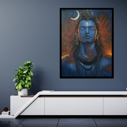Blue-skinned deity with a crescent moon above the head, set against a fiery background. Magic of Mahadev – figurative spiritual painting of Lord Shiva in blue and orange hues by Hitika Puri