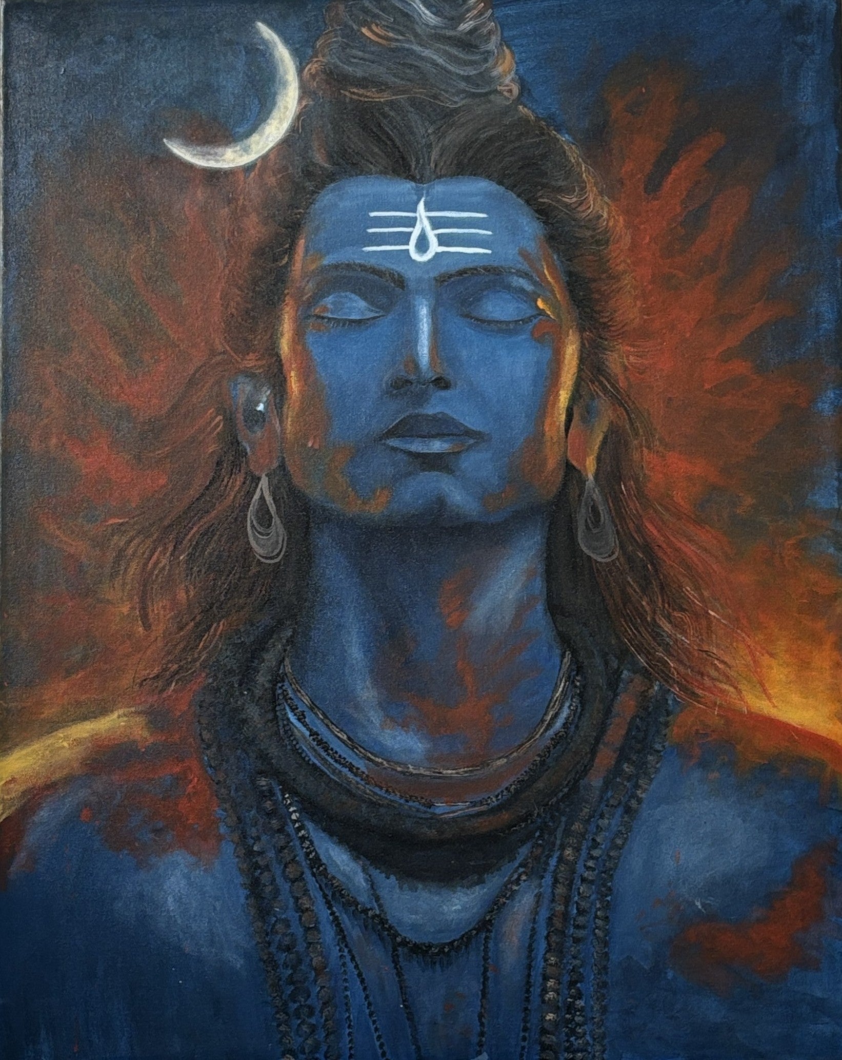 Original hand-painted artwork by Hitika Puri - Blue-skinned deity with a crescent moon and flames in the background - Shiva