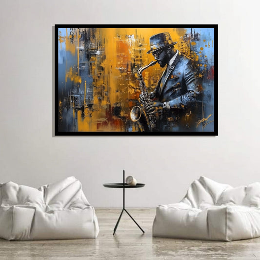 Artistic depiction of a saxophonist against an abstract cityscape background. Midnight Brass – Jazz saxophone portrait in blue and gold tones by Amina Diallo