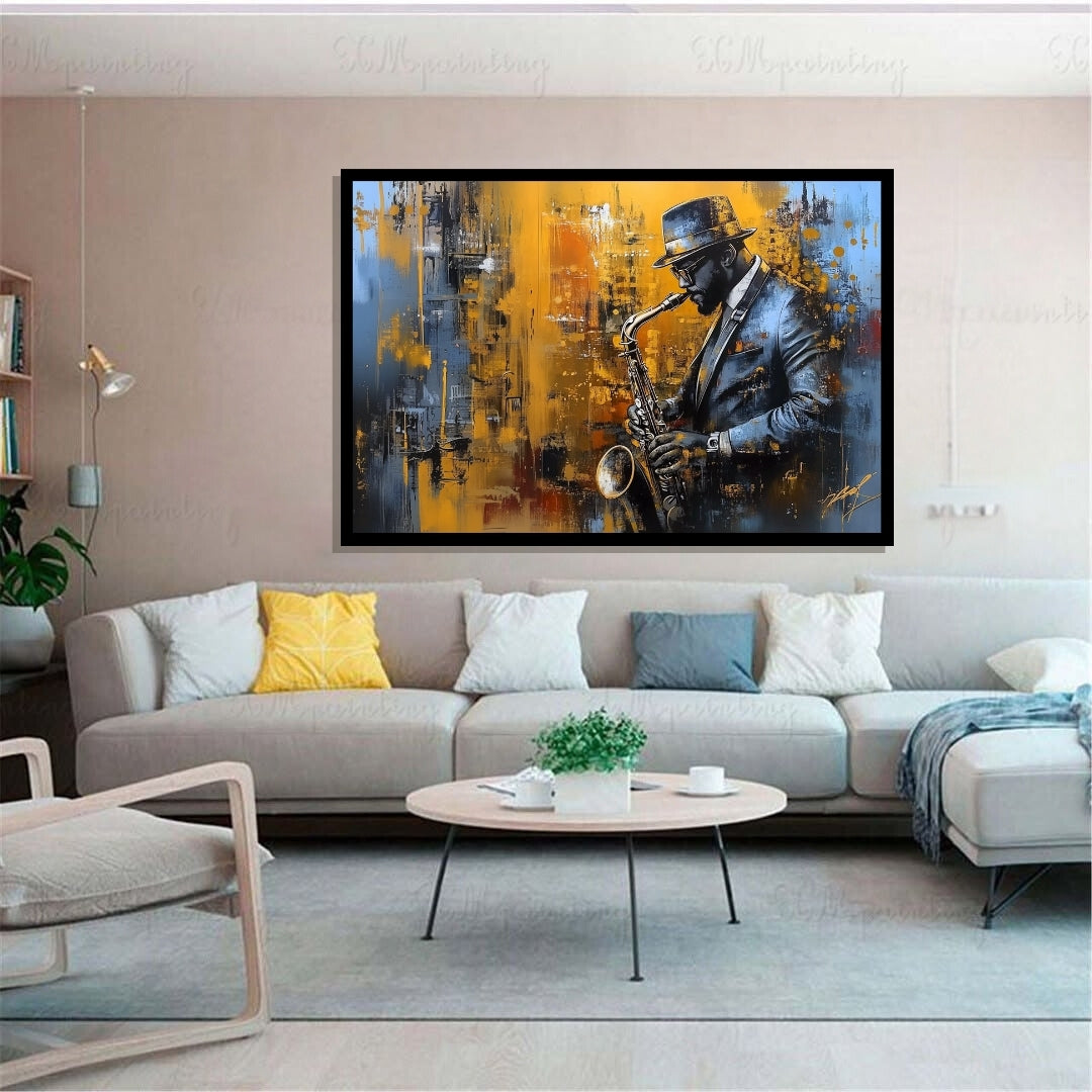 Artistic depiction of a saxophonist against an abstract cityscape background. Midnight Brass – Jazz saxophone portrait in blue and gold tones by Amina Diallo