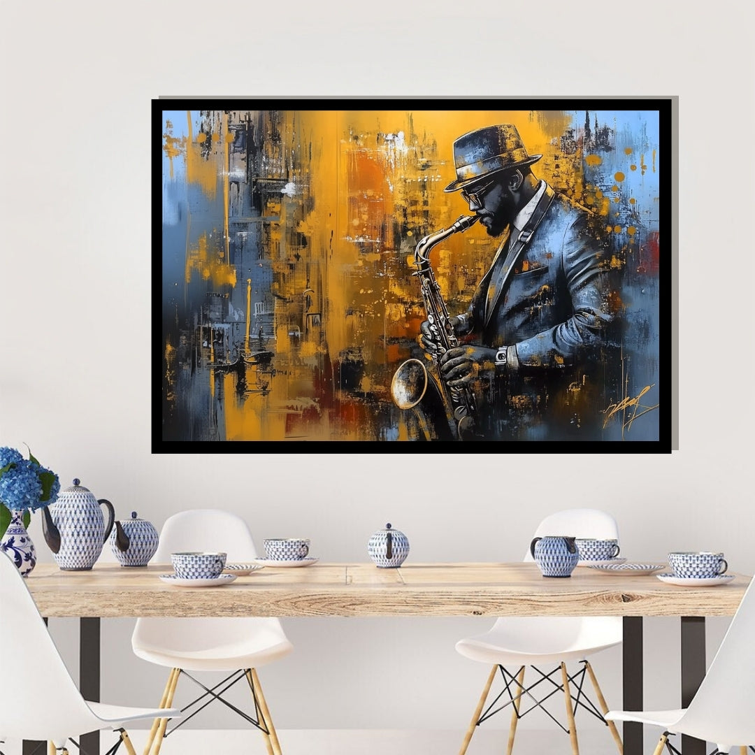 Artistic depiction of a saxophonist against an abstract cityscape background. Midnight Brass – Jazz saxophone portrait in blue and gold tones by Amina Diallo