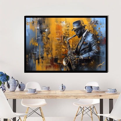 Artistic depiction of a saxophonist against an abstract cityscape background. Midnight Brass – Jazz saxophone portrait in blue and gold tones by Amina Diallo