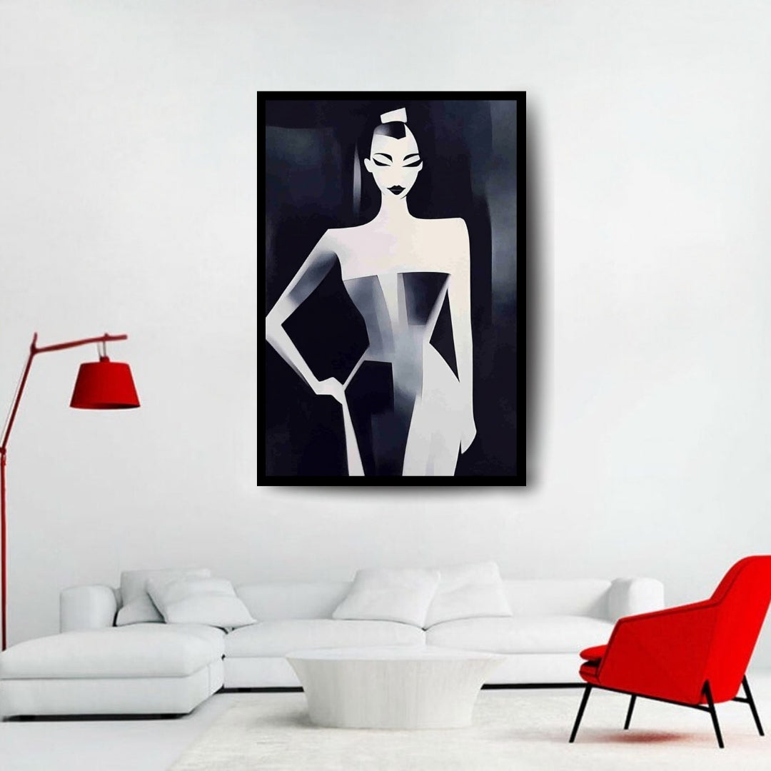 Midnight Profile by ArtixHub – abstract black and white female figure with stylized features and fashion silhouette