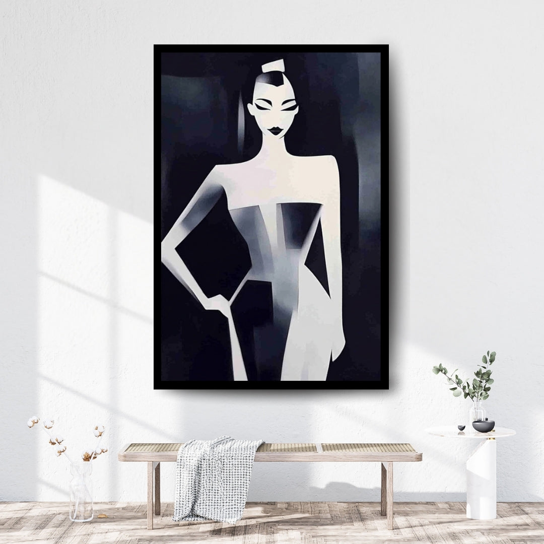 Midnight Profile by ArtixHub – abstract black and white female figure with stylized features and fashion silhouette